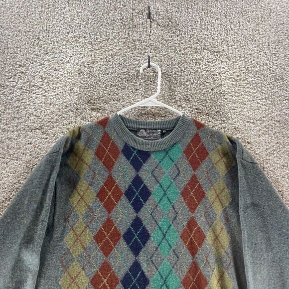 Pure New Wool Sweater Men Extra Large Gray Argyle Diamond Crew Neck Pullover VTG - Picture 3 of 10
